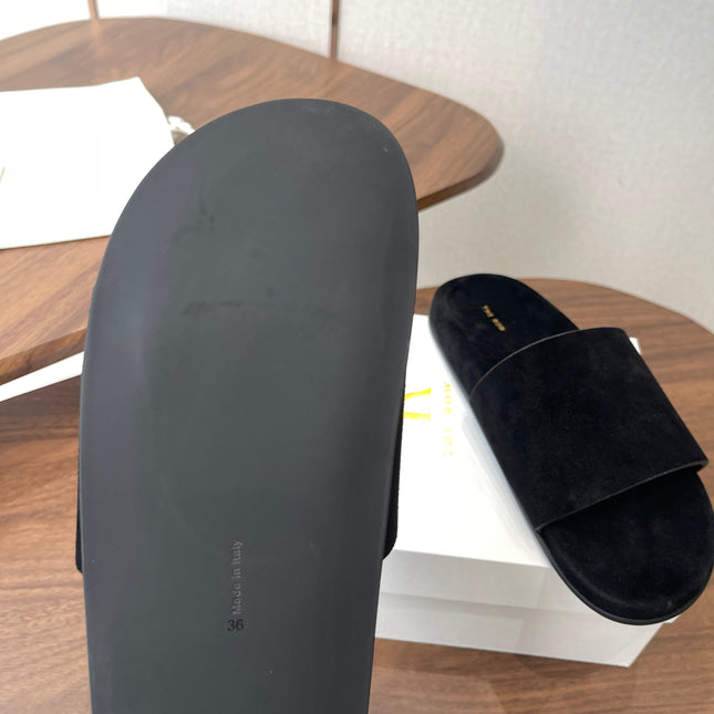 THE ROW 26S SLIDE SANDALS IN BLACK SUEDE