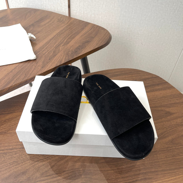 THE ROW 26S SLIDE SANDALS IN BLACK SUEDE