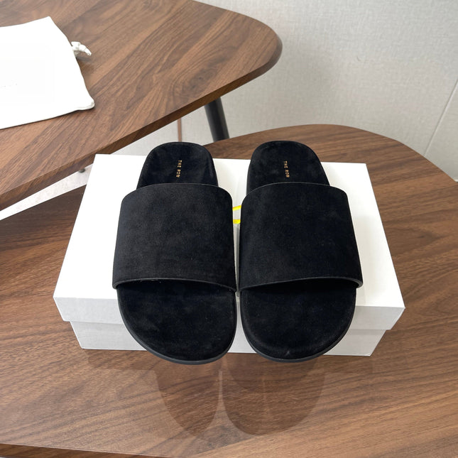 THE ROW 26S SLIDE SANDALS IN BLACK SUEDE