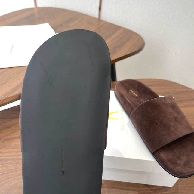 THE ROW 26S SLIDE SANDALS IN CHOCOLATE BROWN SUEDE