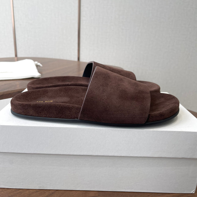 THE ROW 26S SLIDE SANDALS IN CHOCOLATE BROWN SUEDE