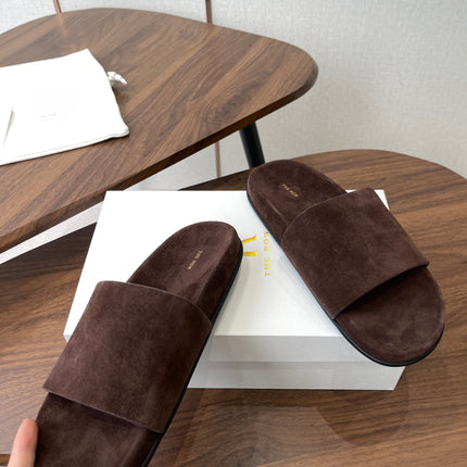 THE ROW 26S SLIDE SANDALS IN CHOCOLATE BROWN SUEDE