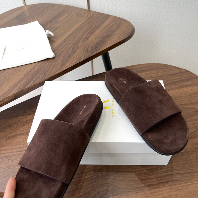 THE ROW 26S SLIDE SANDALS IN CHOCOLATE BROWN SUEDE