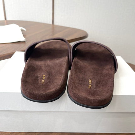 THE ROW 26S SLIDE SANDALS IN CHOCOLATE BROWN SUEDE