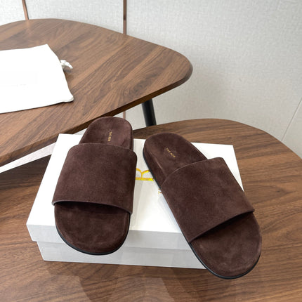 THE ROW 26S SLIDE SANDALS IN CHOCOLATE BROWN SUEDE