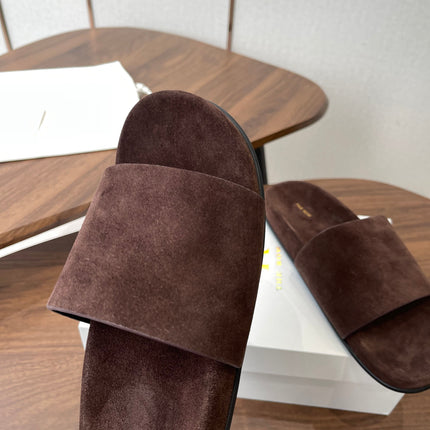 THE ROW 26S SLIDE SANDALS IN CHOCOLATE BROWN SUEDE