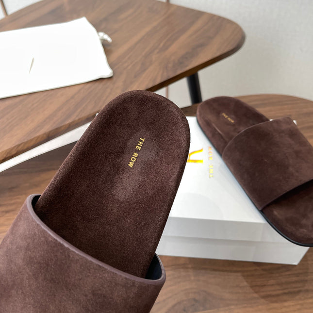THE ROW 26S SLIDE SANDALS IN CHOCOLATE BROWN SUEDE
