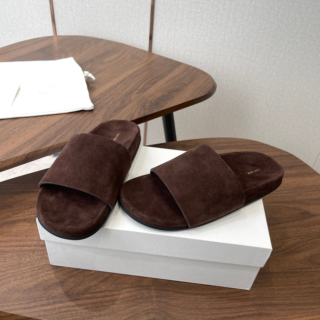 THE ROW 26S SLIDE SANDALS IN CHOCOLATE BROWN SUEDE