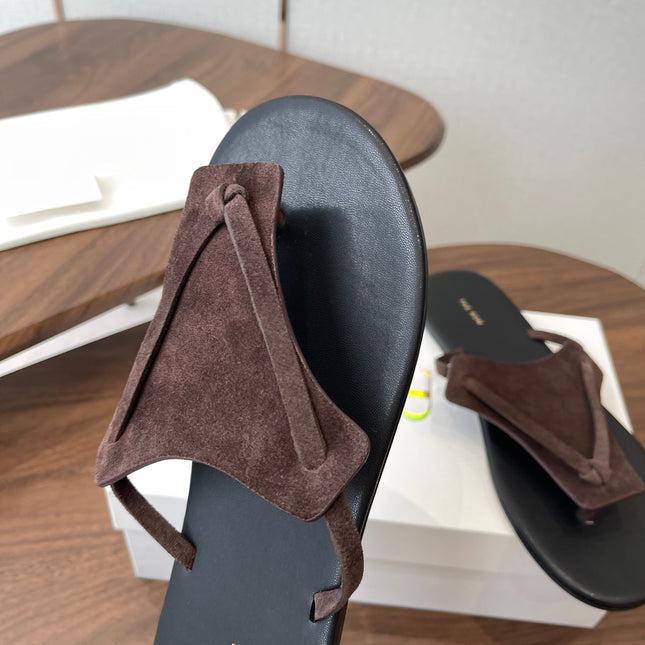 THE ROW 26S T STRAP THONG SANDALS IN CHOCOLATE BROWN SUEDE