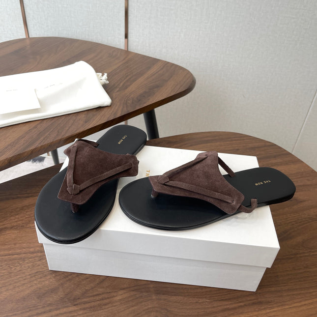 THE ROW 26S T STRAP THONG SANDALS IN CHOCOLATE BROWN SUEDE