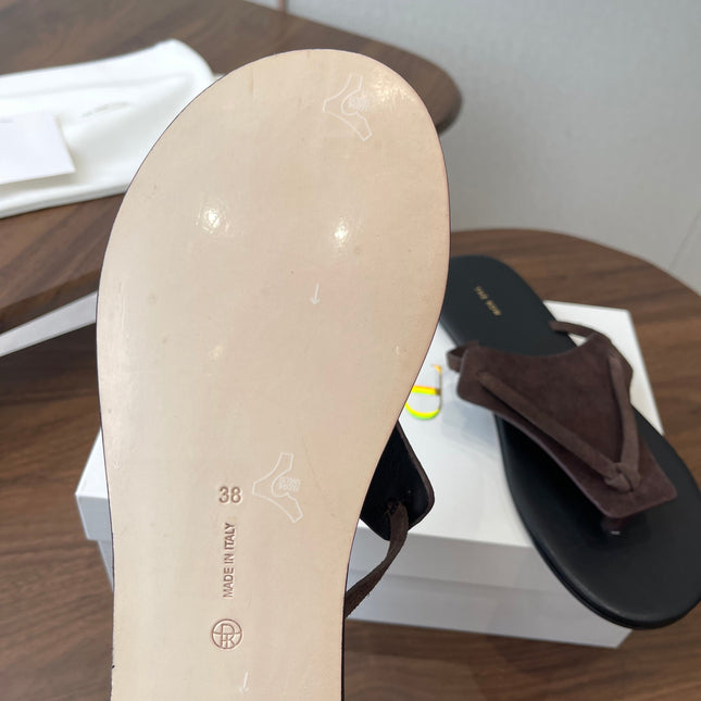 THE ROW 26S T STRAP THONG SANDALS IN CHOCOLATE BROWN SUEDE
