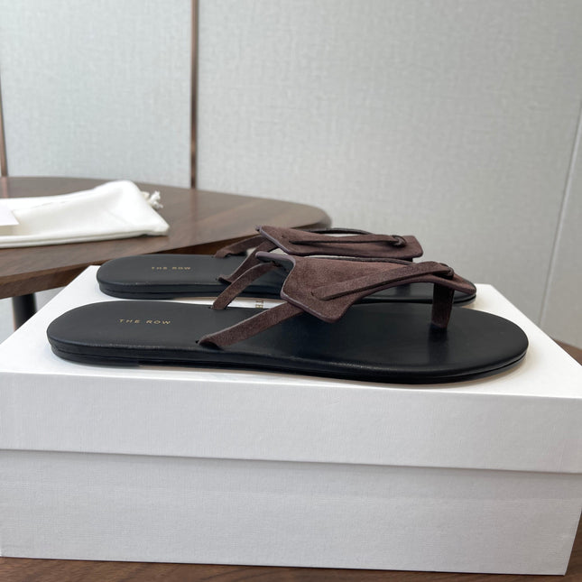 THE ROW 26S T STRAP THONG SANDALS IN CHOCOLATE BROWN SUEDE