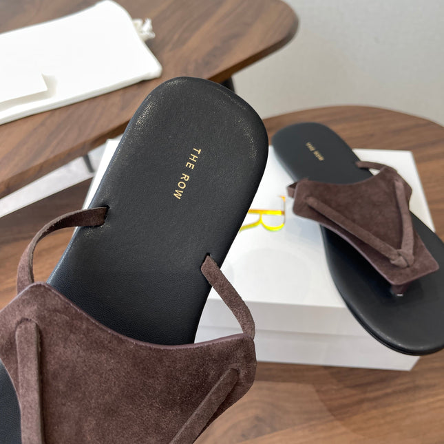 THE ROW 26S T STRAP THONG SANDALS IN CHOCOLATE BROWN SUEDE