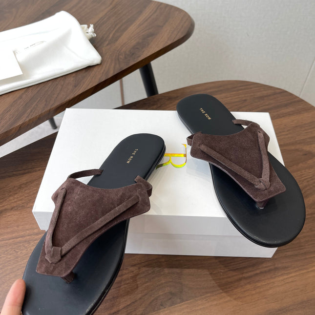 THE ROW 26S T STRAP THONG SANDALS IN CHOCOLATE BROWN SUEDE