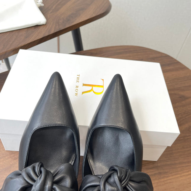 THE ROW 26S SLINGBACK POINTED HEELS IN BLACK CALFSKIN WITH BOW