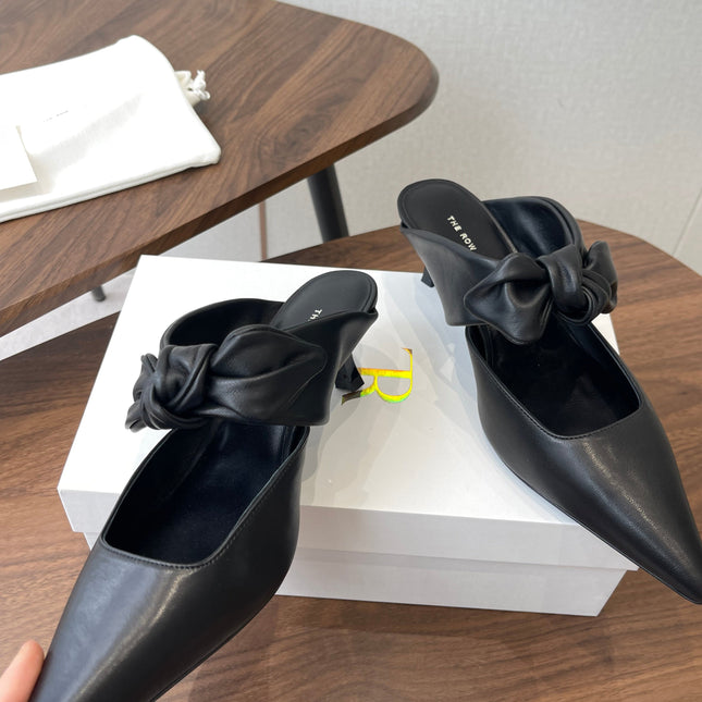 THE ROW 26S SLINGBACK POINTED HEELS IN BLACK CALFSKIN WITH BOW
