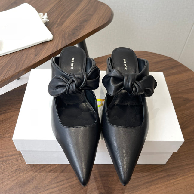 THE ROW 26S SLINGBACK POINTED HEELS IN BLACK CALFSKIN WITH BOW