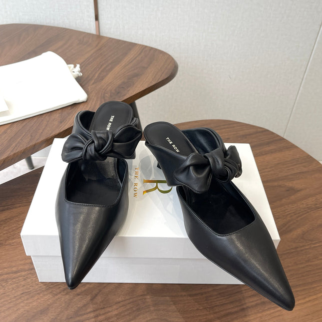 THE ROW 26S SLINGBACK POINTED HEELS IN BLACK CALFSKIN WITH BOW