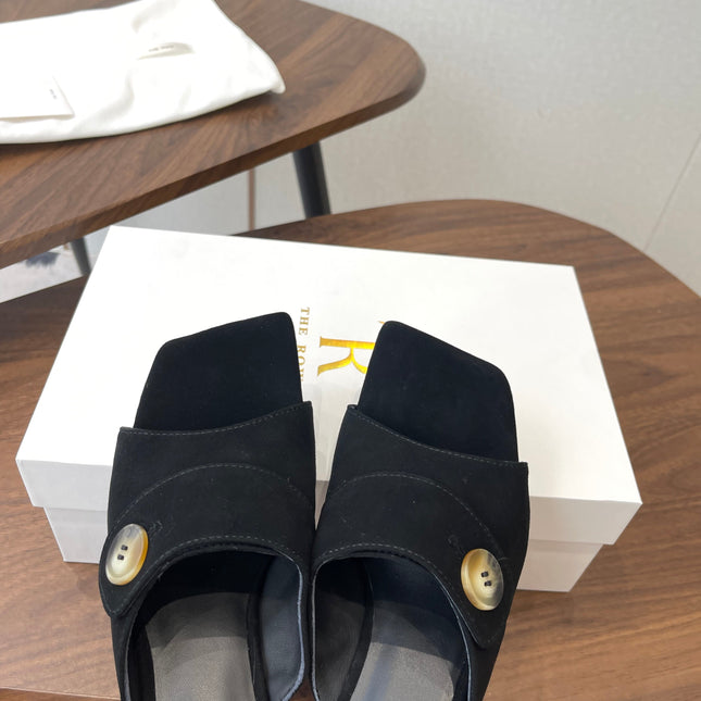THE ROW 26S BUTTON DETAIL MULE HEELS 70MM IN BLACK SUEDE