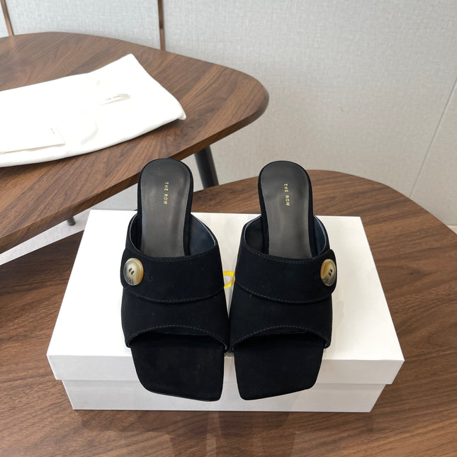 THE ROW 26S BUTTON DETAIL MULE HEELS 70MM IN BLACK SUEDE