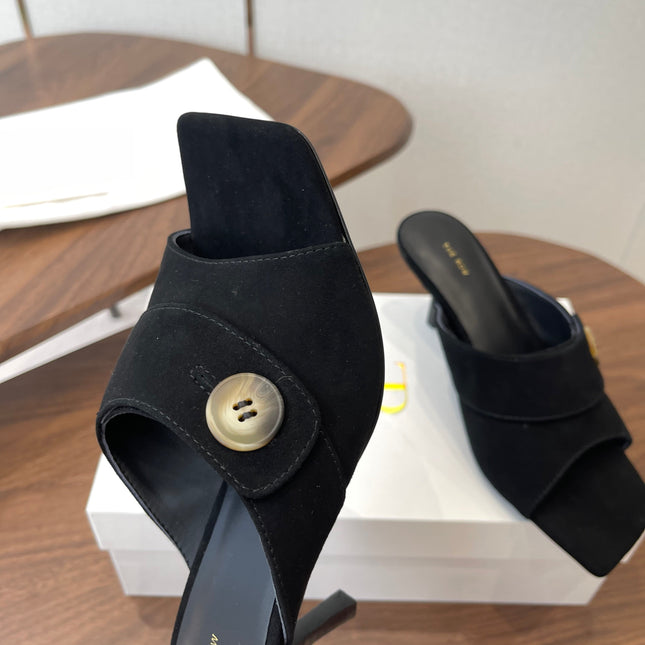 THE ROW 26S BUTTON DETAIL MULE HEELS 70MM IN BLACK SUEDE