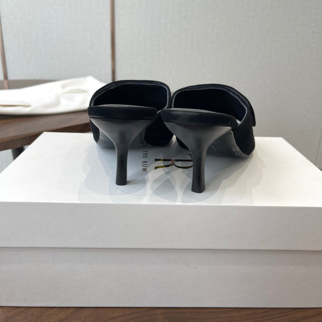 THE ROW 26S BUTTON DETAIL MULE HEELS 70MM IN BLACK SUEDE