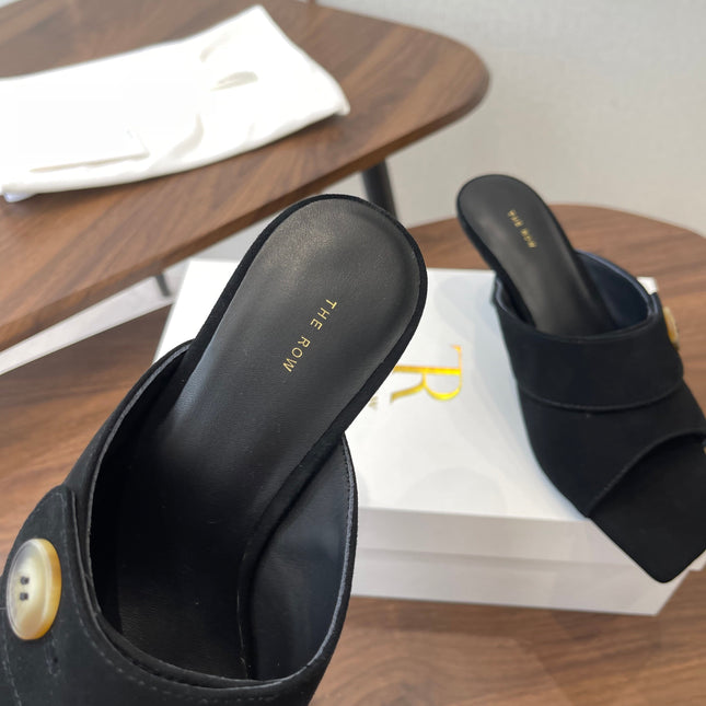 THE ROW 26S BUTTON DETAIL MULE HEELS 70MM IN BLACK SUEDE
