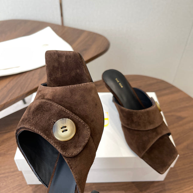 THE ROW 26S BUTTON DETAIL MULE HEELS 70MM IN BROWN SUEDE