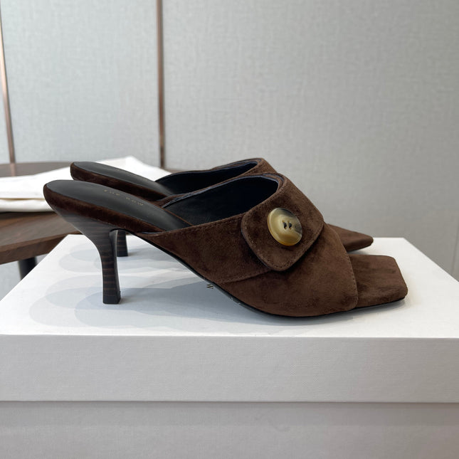 THE ROW 26S BUTTON DETAIL MULE HEELS 70MM IN BROWN SUEDE
