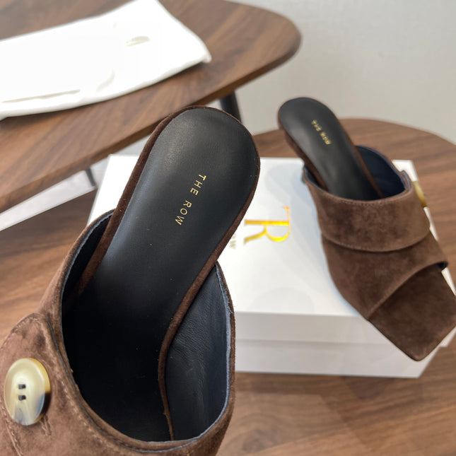 THE ROW 26S BUTTON DETAIL MULE HEELS 70MM IN BROWN SUEDE