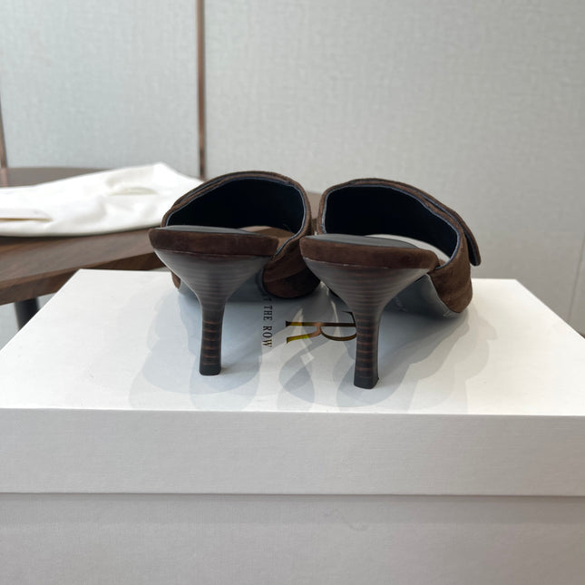 THE ROW 26S BUTTON DETAIL MULE HEELS 70MM IN BROWN SUEDE