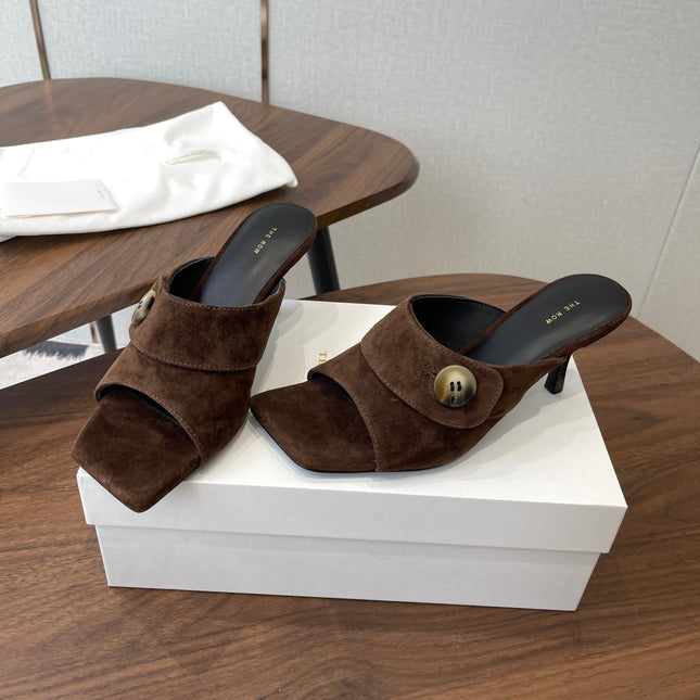 THE ROW 26S BUTTON DETAIL MULE HEELS 70MM IN BROWN SUEDE