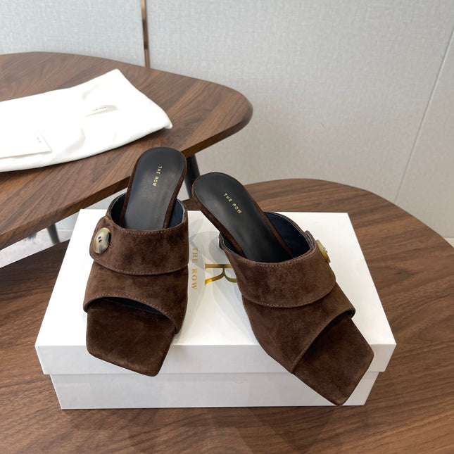 THE ROW 26S BUTTON DETAIL MULE HEELS 70MM IN BROWN SUEDE