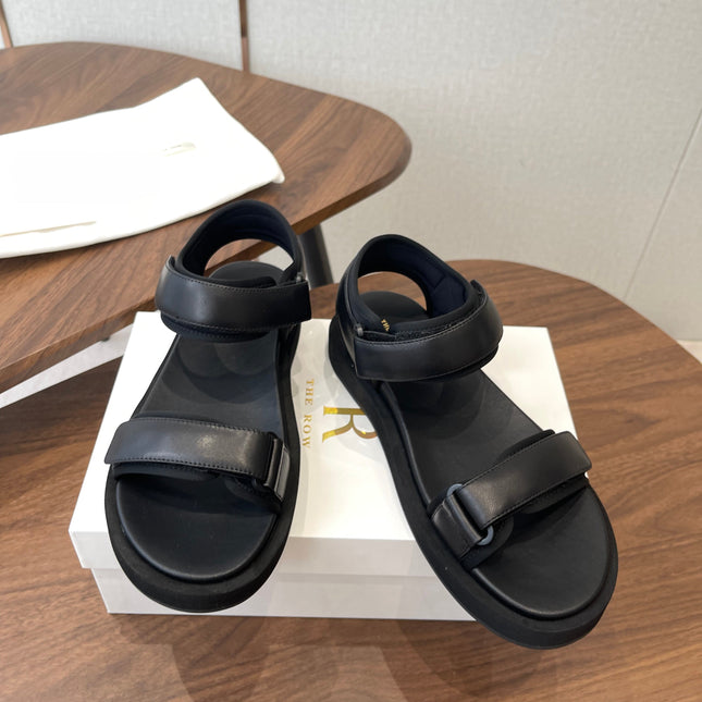 THE ROW 26S DOUBLE STRAP SANDALS IN BLACK CALFSKIN