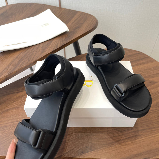 THE ROW 26S DOUBLE STRAP SANDALS IN BLACK CALFSKIN