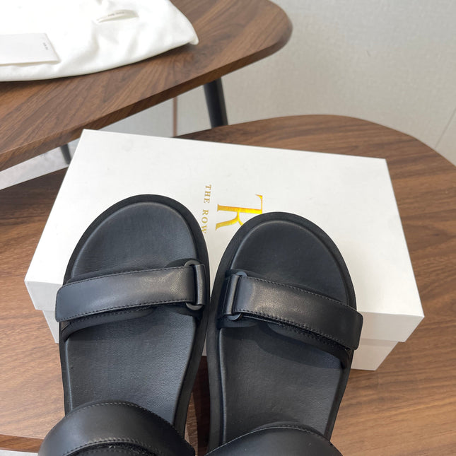 THE ROW 26S DOUBLE STRAP SANDALS IN BLACK CALFSKIN