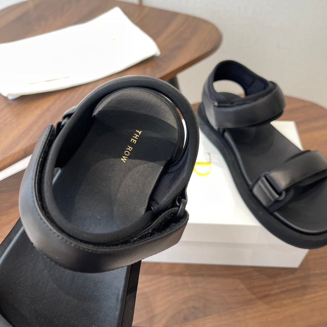 THE ROW 26S DOUBLE STRAP SANDALS IN BLACK CALFSKIN