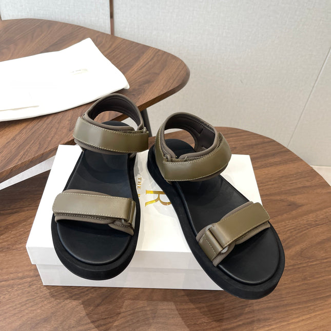 THE ROW 26S DOUBLE STRAP SANDALS IN OLIVE GREEN CALFSKIN