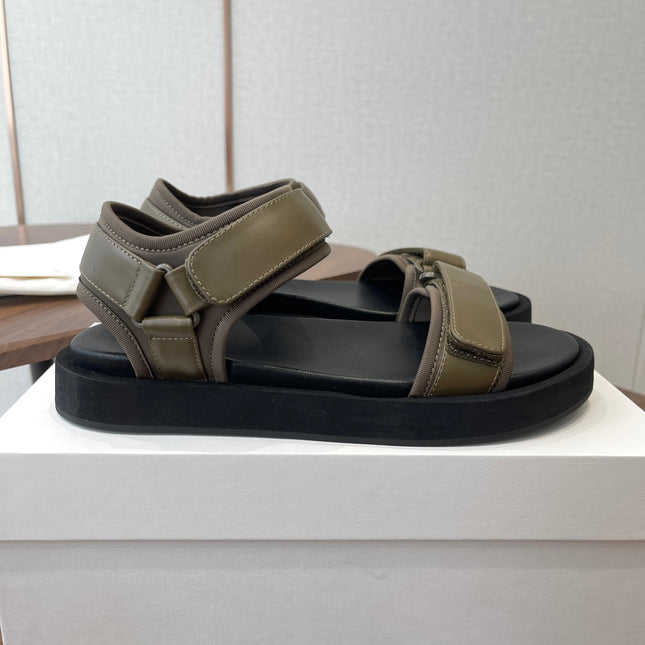 THE ROW 26S DOUBLE STRAP SANDALS IN OLIVE GREEN CALFSKIN