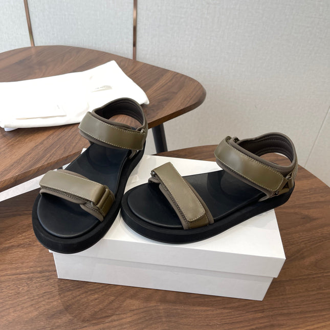 THE ROW 26S DOUBLE STRAP SANDALS IN OLIVE GREEN CALFSKIN
