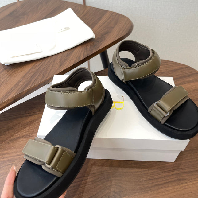 THE ROW 26S DOUBLE STRAP SANDALS IN OLIVE GREEN CALFSKIN