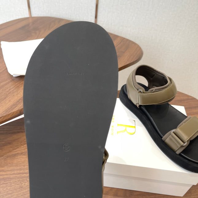 THE ROW 26S DOUBLE STRAP SANDALS IN OLIVE GREEN CALFSKIN