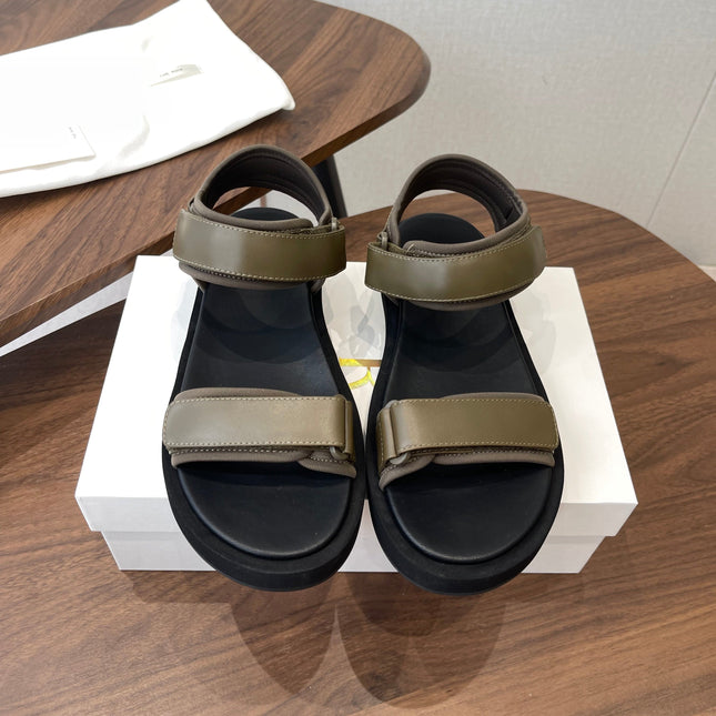 THE ROW 26S DOUBLE STRAP SANDALS IN OLIVE GREEN CALFSKIN