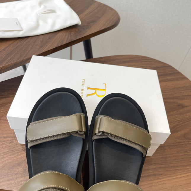 THE ROW 26S DOUBLE STRAP SANDALS IN OLIVE GREEN CALFSKIN