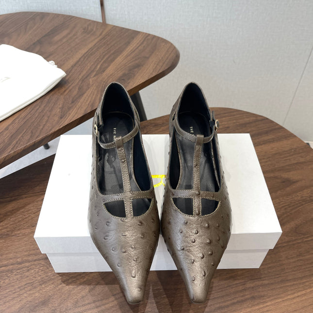 THE ROW 26S POINTED TOE T STRAP PUMPS 35MM IN BROWN CALFSKIN