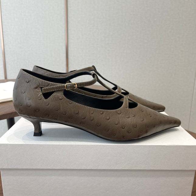 THE ROW 26S POINTED TOE T STRAP PUMPS 35MM IN BROWN CALFSKIN
