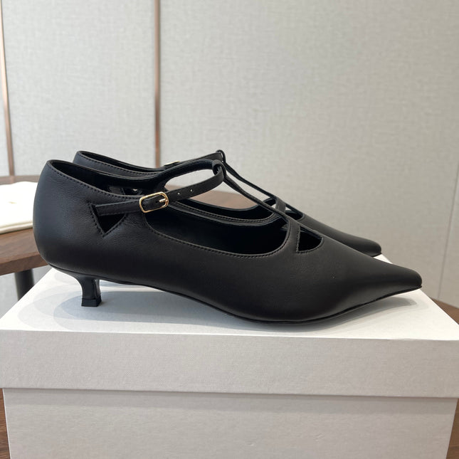 THE ROW 26S POINTED TOE T STRAP PUMPS 35MM IN BLACK CALFSKIN