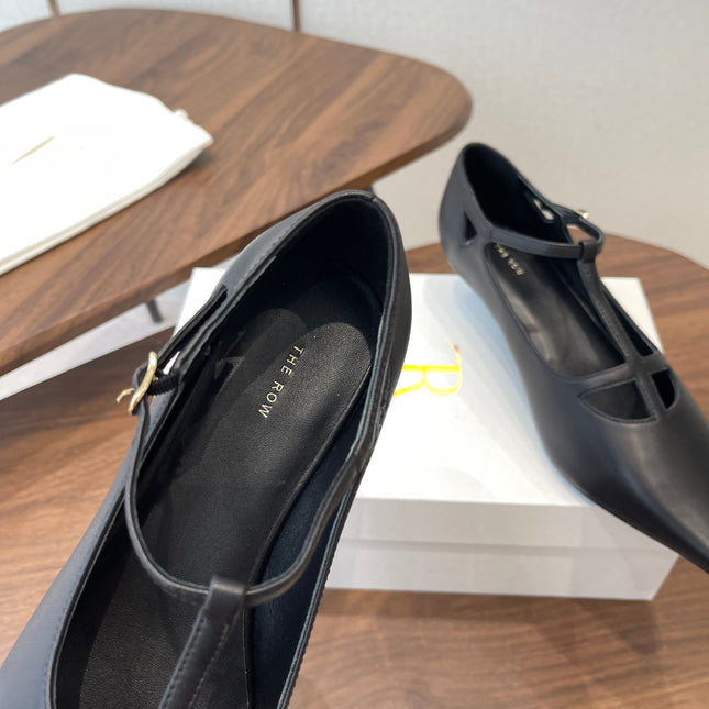 THE ROW 26S POINTED TOE T STRAP PUMPS 35MM IN BLACK CALFSKIN