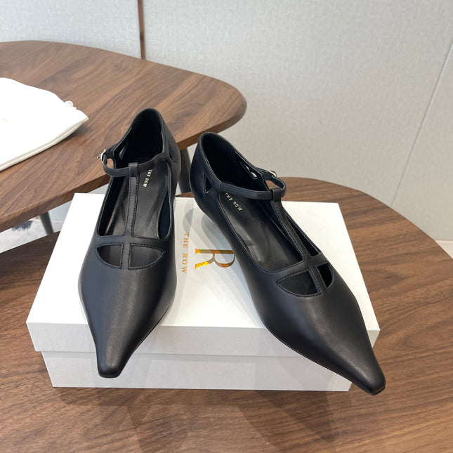 THE ROW 26S POINTED TOE T STRAP PUMPS 35MM IN BLACK CALFSKIN