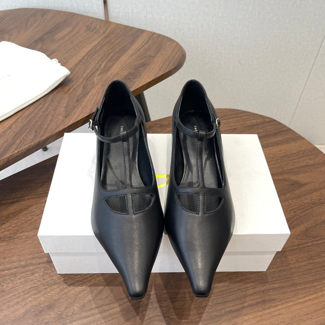 THE ROW 26S POINTED TOE T STRAP PUMPS 35MM IN BLACK CALFSKIN